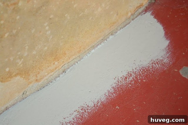 A closer view of the concrete stoop painted with a fresh coat of gray paint, showing the texture and evenness of the application.